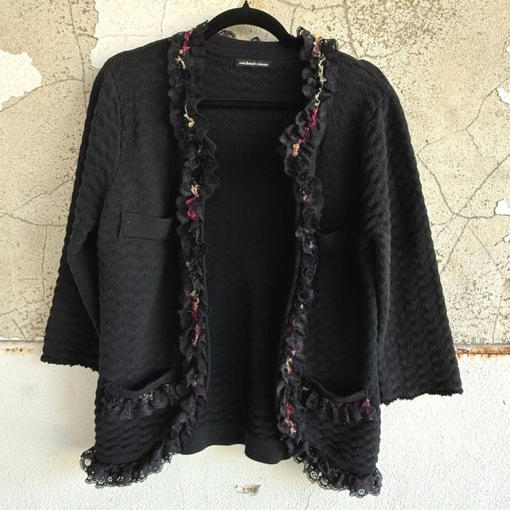 Vintage Michael Simon Cardigan Sweater Floral Ruffle Trim Textured Cardi Women M